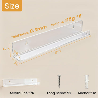 Vinyl Record Shelf Wall Mount, 12 Inch Clear Acrylic Album Record Holder Display, Floating Shelves for Wall, Magazine Shelf, Kids Bookshelf, Suitable for Bedroom, Living Room, Etc.—6 Pack