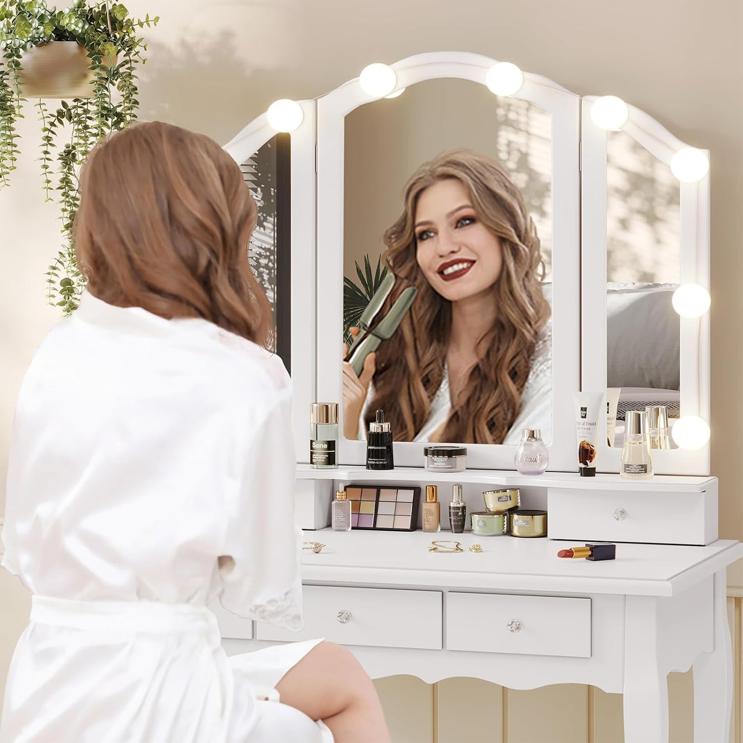 Vanity Table Set with Lighted Tri-Folding Mirror, Makeup Vanity with Lights & 3 Color Lighting Modes, Vanity Desk with Mirror and Cushioned Stool, Makeup Table with 5 Drawers, White