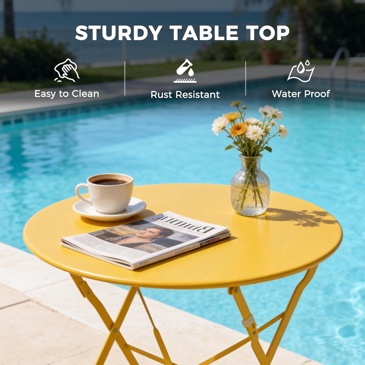 3-Piece Folding Bistro Set, 2 Chairs and 1 Table, Weather-Resistant Outdoor/Indoor Conversation Set for Patio, Yard, Garden-Yellow