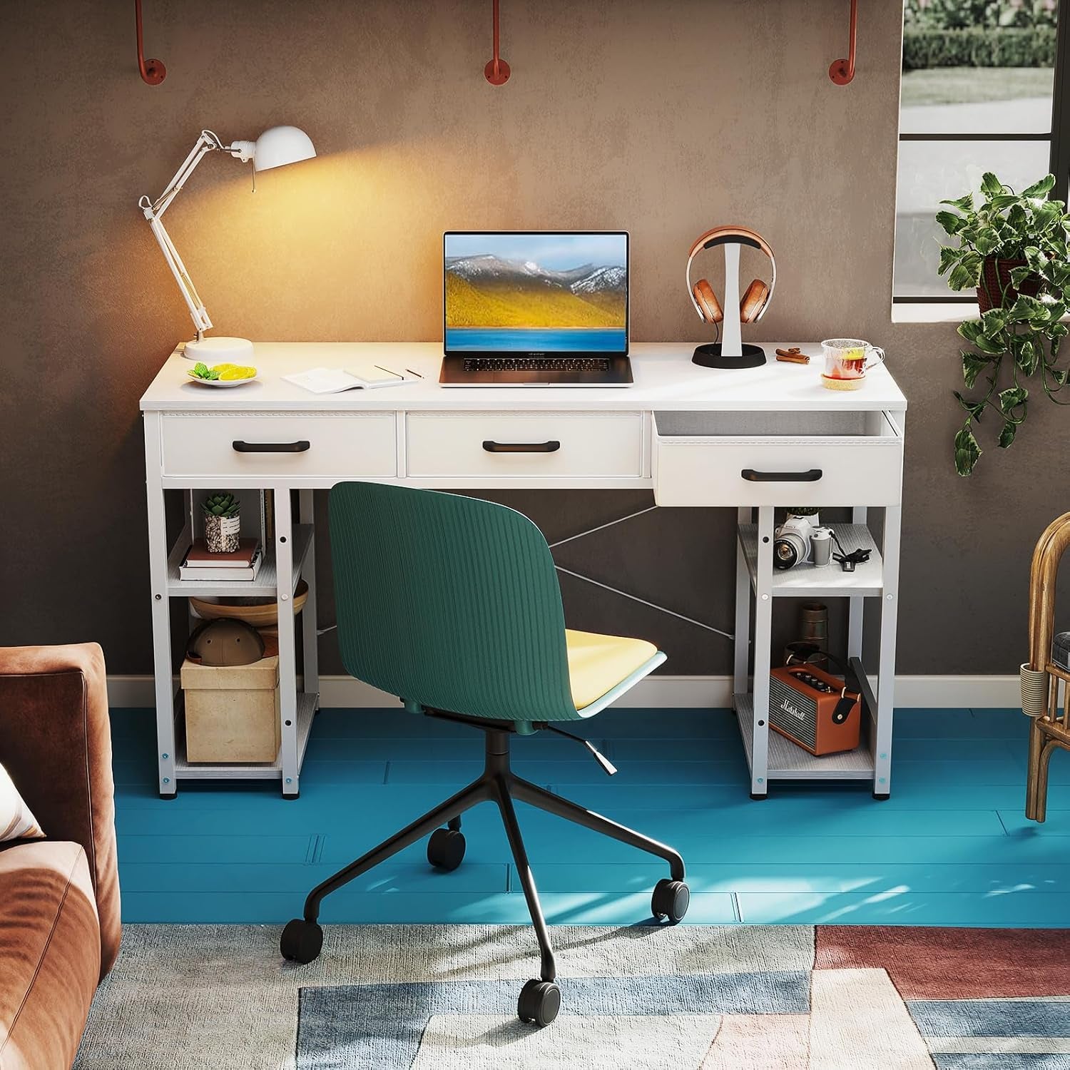 Office Small Computer Desk: Home Table with Fabric Drawers & Storage Shelves, Modern Writing Desk, White, 48"X16"