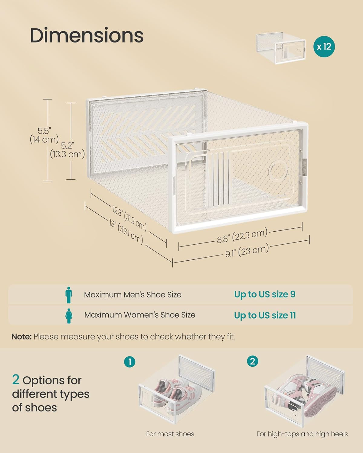 Stackable Shoe Boxes, Foldable Shoe Storage Organizers, Ventilated, for Max. Men'S Shoes US Size 9 or Women'S Shoes US Size 11, Sneakers, Set of 12, Transparent and White ULSP106W12V2
