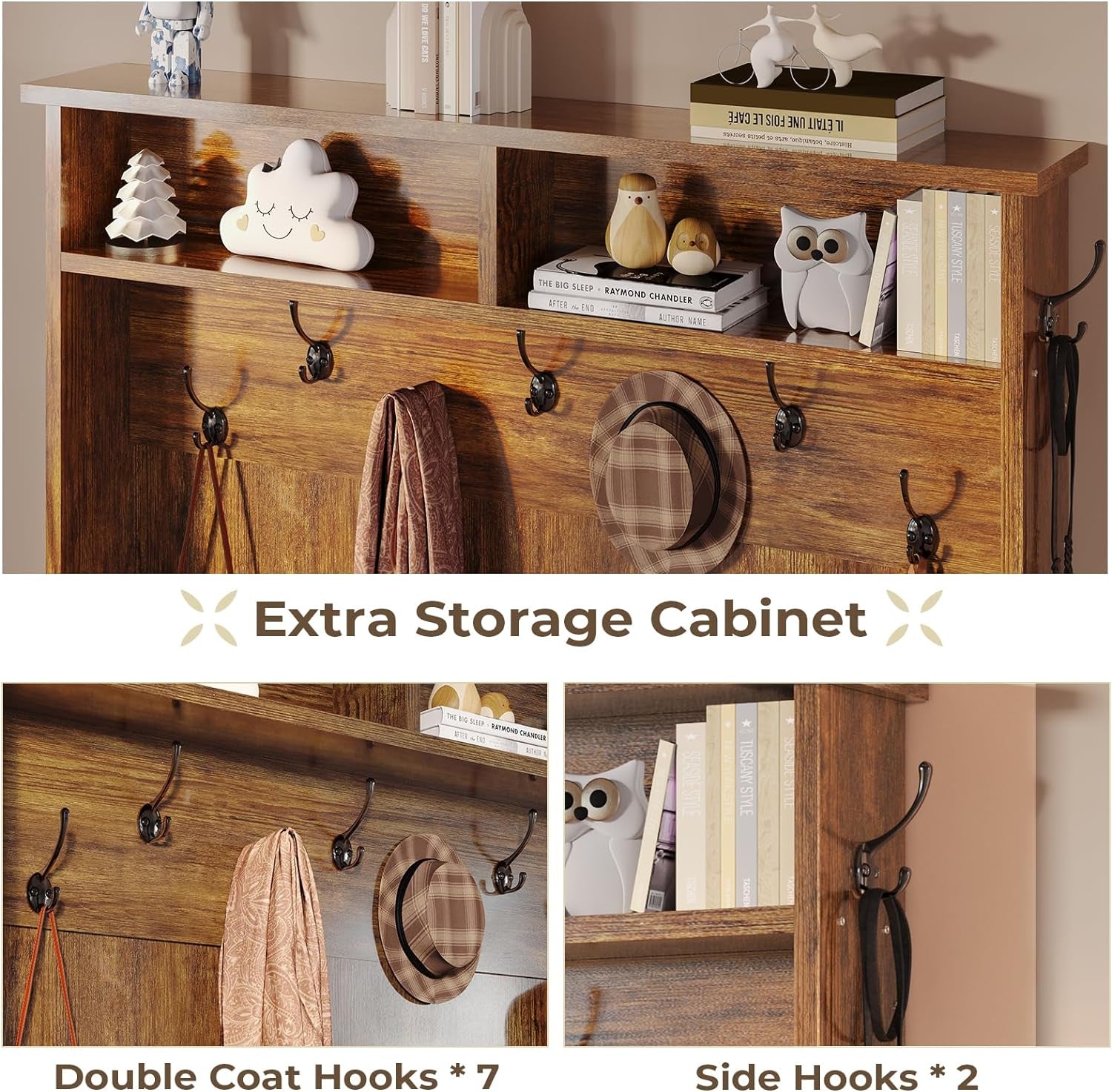 Hall Tree with Bench and Shoe Storage, 5-In-1 Entryway Bench with Coat Rack, 10 Shoe Cubbies & 9 Coat Hooks, Barn Door & Adjustable Shelf (Rustic Brown)