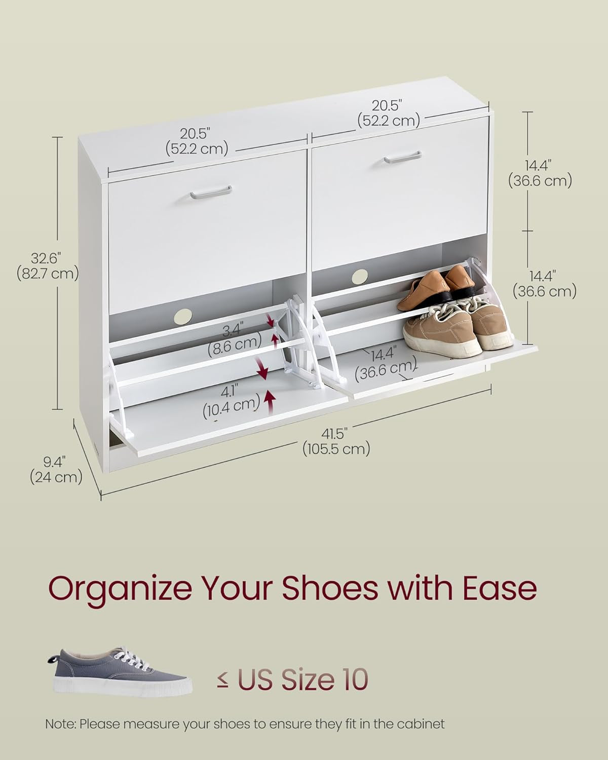 Shoe Cabinet with 4 Flip Doors, Storage Cabinet for 16-28 Pairs of Shoes, Adjustable Dividers, for Entryway, 9.4 X 41.5 X 32.6 Inches, Snow White ULBC035W01