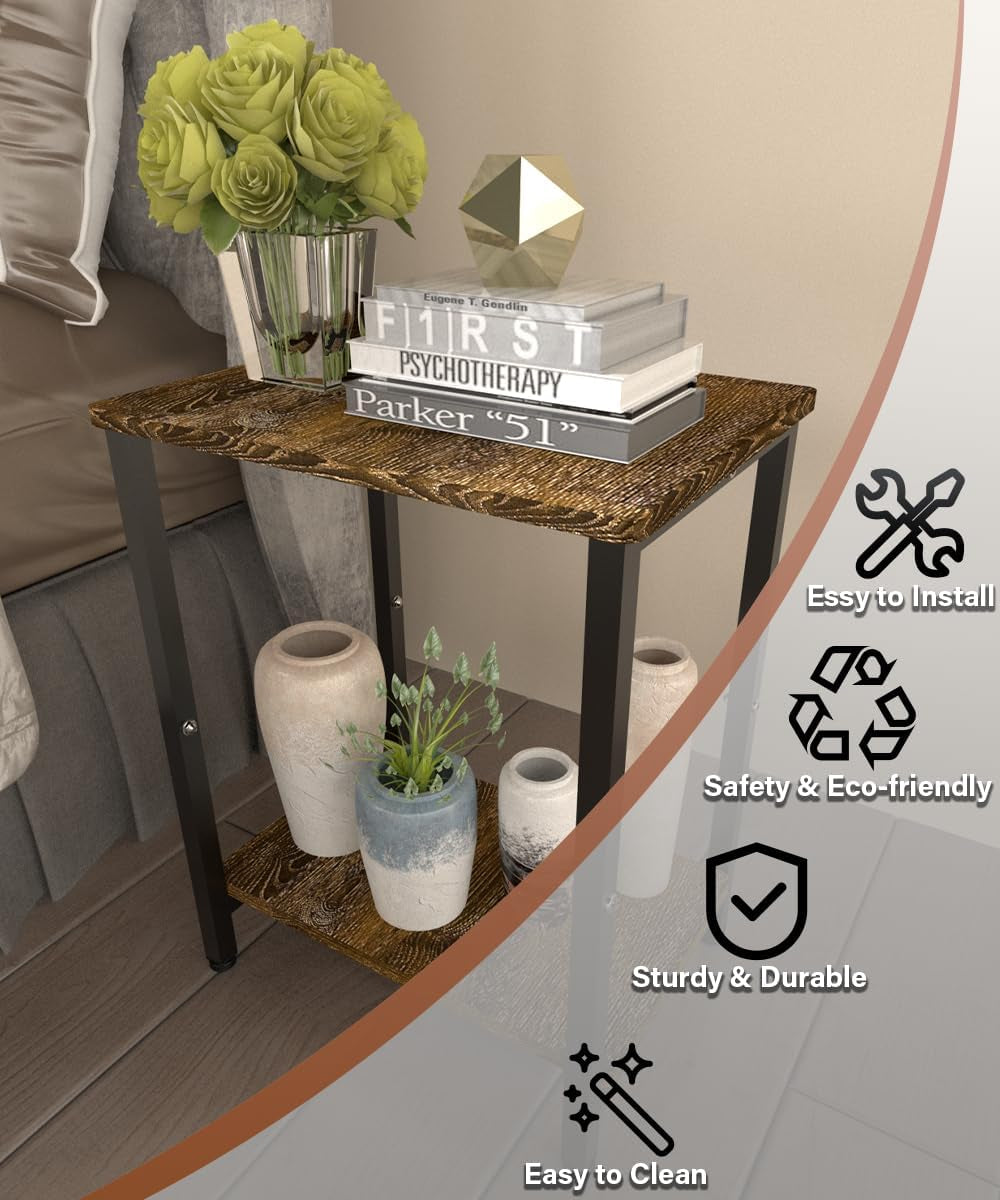 2 Tier Side Table, Heavy Duty End Table with Shelves, Narrow Nightstand Table for Small Spaces, Record Player Table for Bedroom, Living Room, Sofa Couch - Rustic Brown & Black