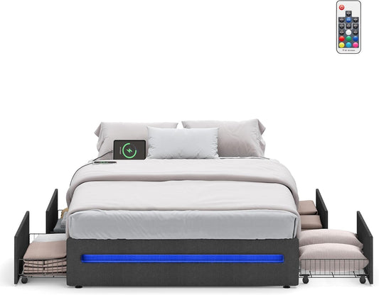 LED Bed Frame Queen Size with 4 Drawers and Charging Station, Queen Bed Frame with 1 USB Port and 1 Type C Port, Steel Slats, No Box Spring Needed, Dark Gray URMB831G71