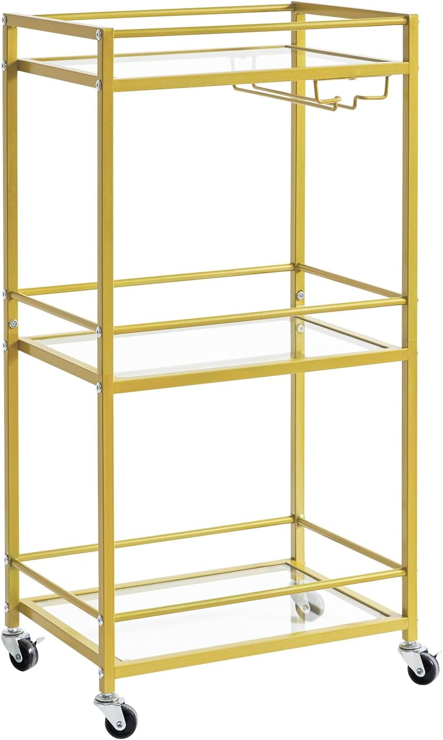 Home Bar Serving Cart,Small Bar Cart with 3-Tier Glass Shelf, Mobile Drink Shelf with Wine Holders and Glass Holders,Mini Bar for Outdoor, Small Space, Kitchen Gold TMJ519G