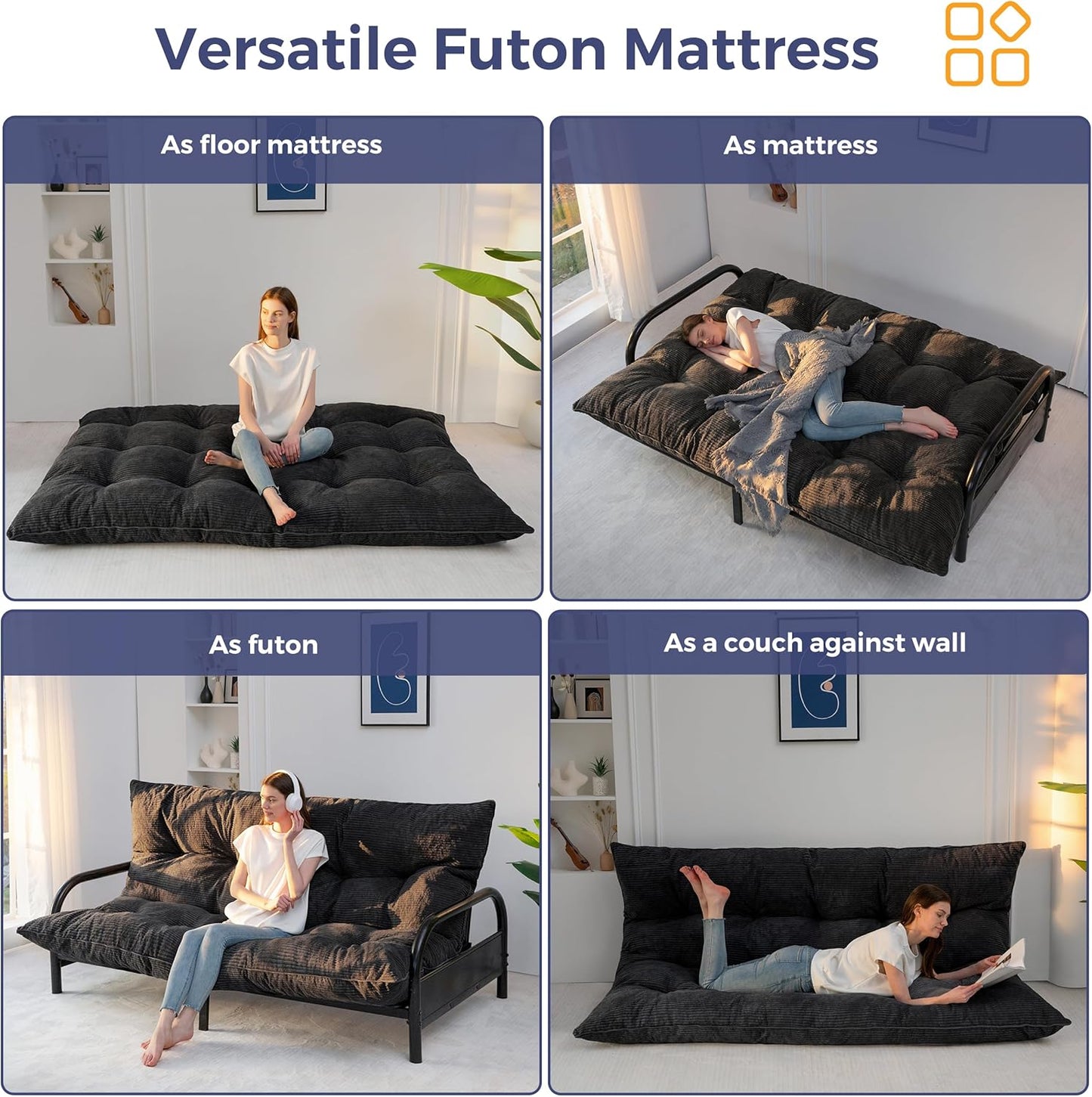 6" Japanese Floor Mattress, Foldable Futon Mattress Full Size, Tufted Roll up Floor Bed, Thick Tatami Mat Sleeping Pad Portable Lounger for Camping Guest Room Dormitory Bedroom RV, Black