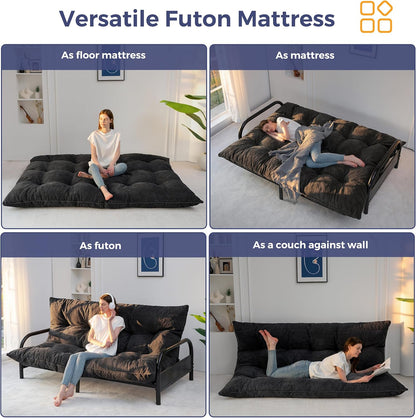 6" Japanese Floor Mattress, Foldable Futon Mattress Full Size, Tufted Roll up Floor Bed, Thick Tatami Mat Sleeping Pad Portable Lounger for Camping Guest Room Dormitory Bedroom RV, Black