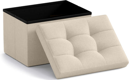 Small Storage Ottoman Foldable Collapsible Rectangle Linen Ottoman Foot Rest Stool Seat, for Living Room, Bedroom, Home Office, Dorm - 12 X 16 X 12, Beige