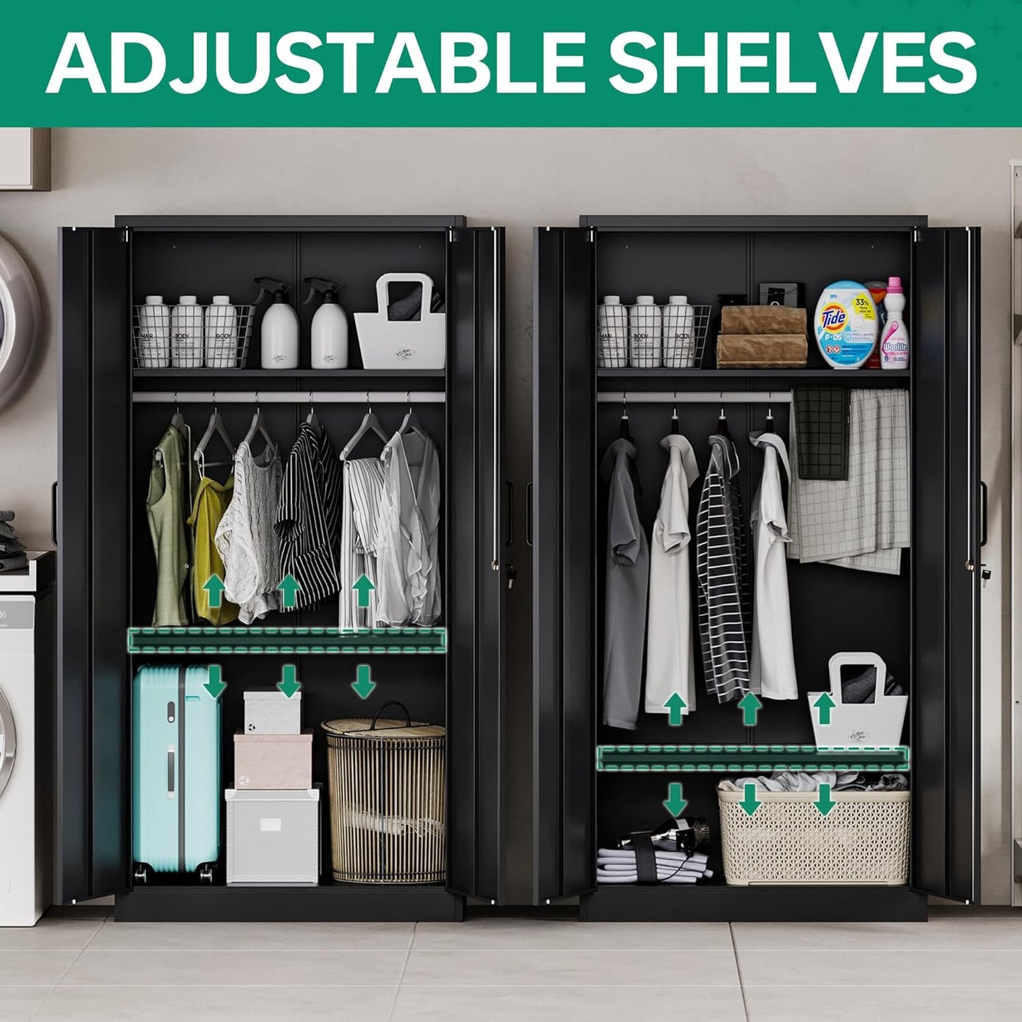 Metal Wardrobe Cabinets with Lock,Clothing Locker 72" X 36" X 18" Storage Cabinets for Home Room,Fire Department, School, Employee,Gym,Government (Black)