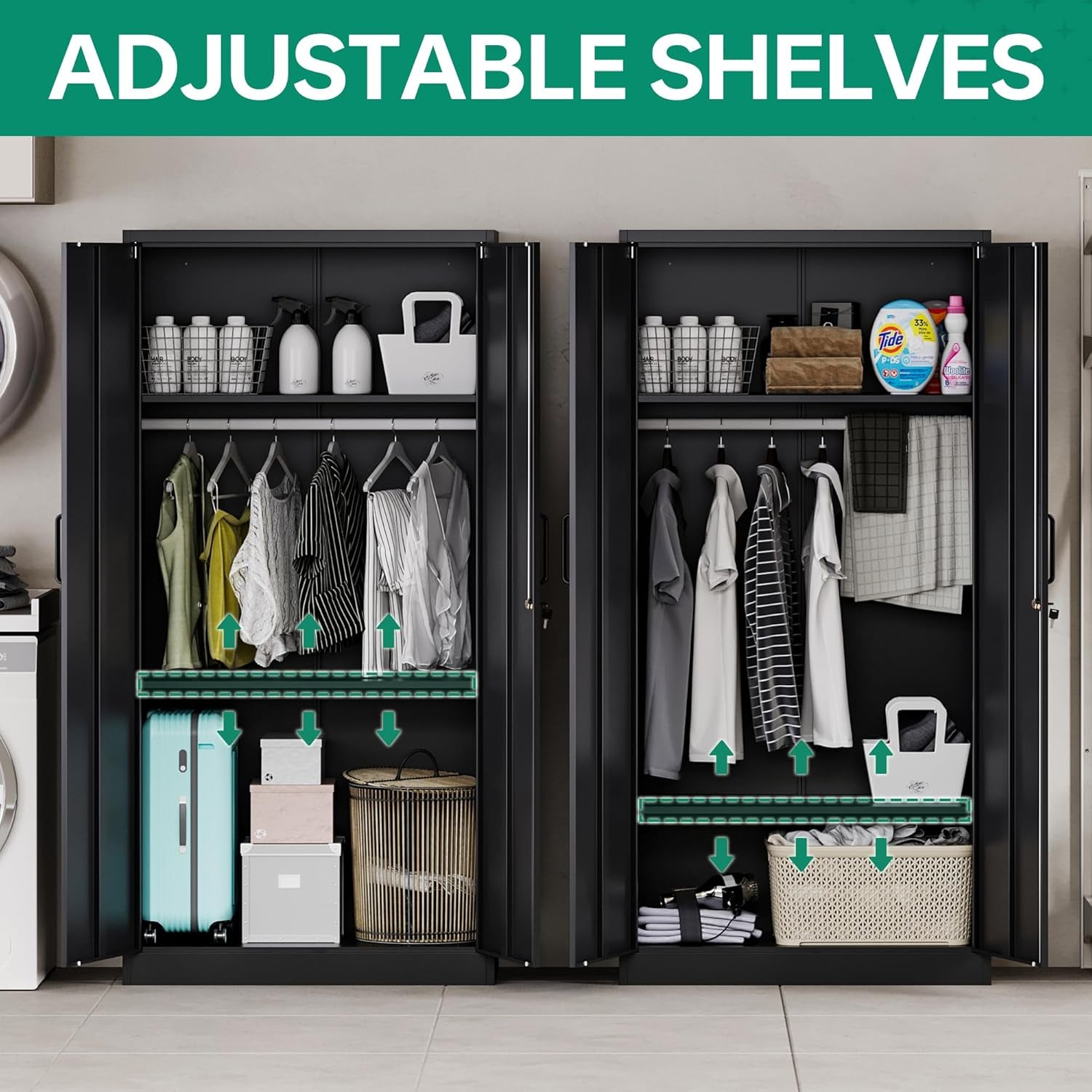 Metal Wardrobe Cabinets with Lock,Clothing Locker 72" X 36" X 18" Storage Cabinets for Home Room,Fire Department, School, Employee,Gym,Government (Black)