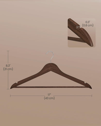 Wooden Hangers, Pack of 30, Coat Hangers, Pants Bar, 360° Swivel Hooks, Solid Birch Wood, Space Saving, for Jackets, Shirts, Coats, Walnut Brown UCRW030K02