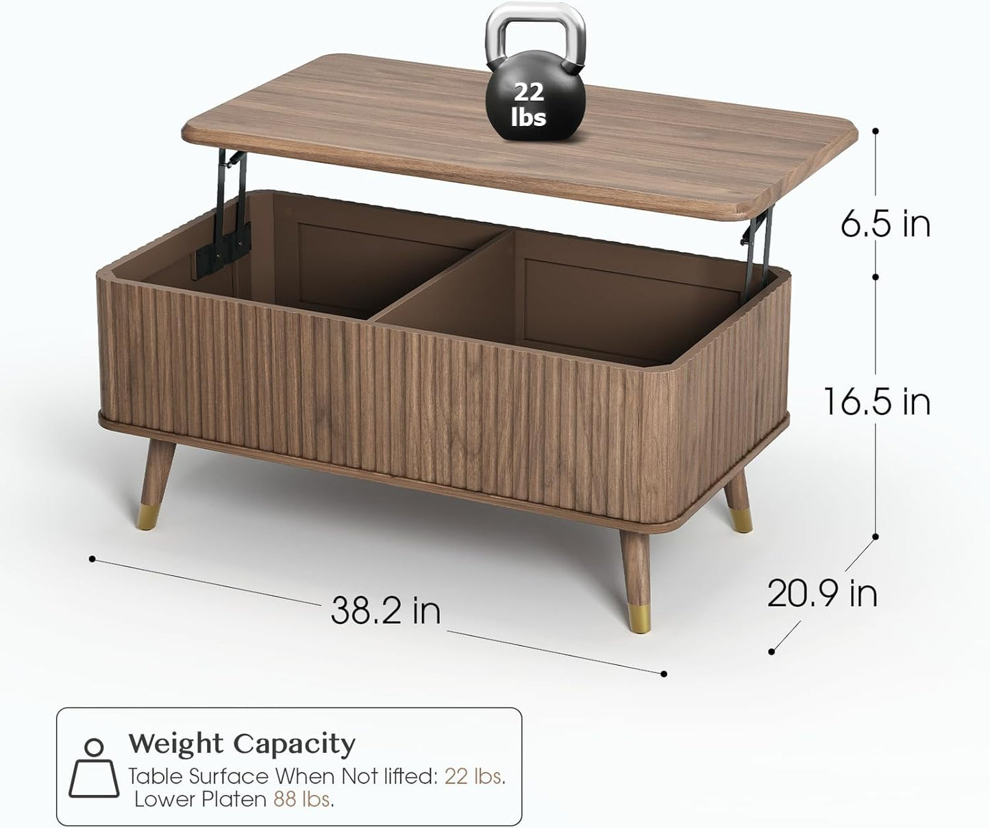 Lift Top Coffee Table with Storage Shelf & Hidden Compartment, Mid Century Modern Fluted Rectangle Dining Table for Living Room, Home Office, Walnut