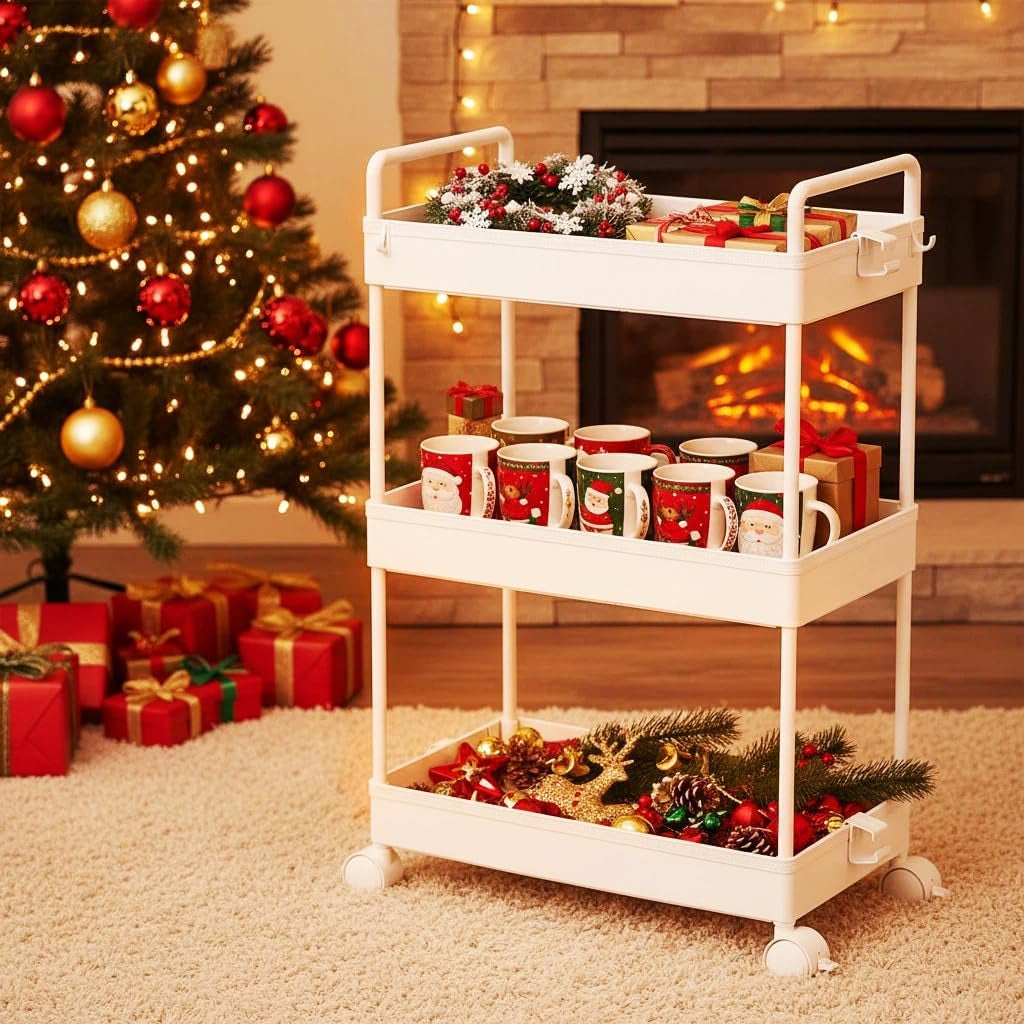 3 Tier Slim Rolling Storage Cart with Wheels Plastic Utility Cart Organizer for Snack Craft Art Postpartum Baby Diaper Nail Makeup in Bathroom Laundry Room Kitchen Bedside Narrow Space, White