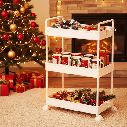 3 Tier Slim Rolling Storage Cart with Wheels Plastic Utility Cart Organizer for Snack Craft Art Postpartum Baby Diaper Nail Makeup in Bathroom Laundry Room Kitchen Bedside Narrow Space, White