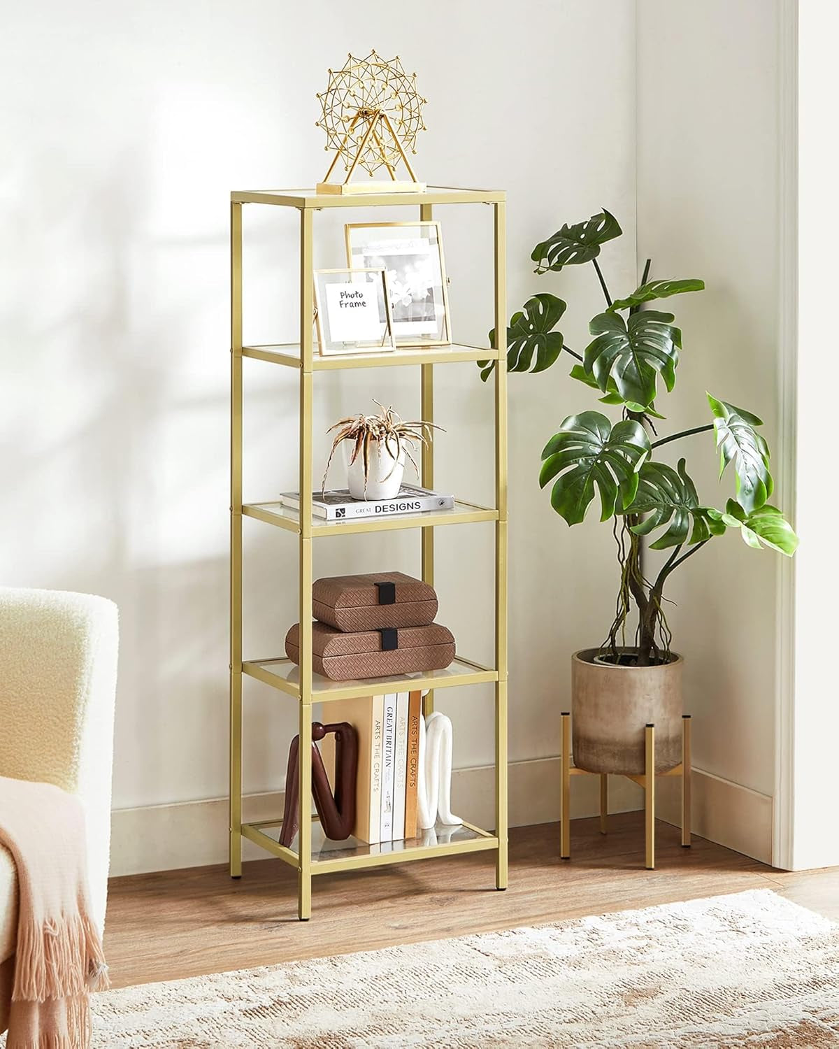 Bookcase, 4-Tier Bookshelf, Slim Shelving Unit for Bedroom, Bathroom, Home Office, Tempered Glass, Steel Frame, Ink Black ULGT028B61