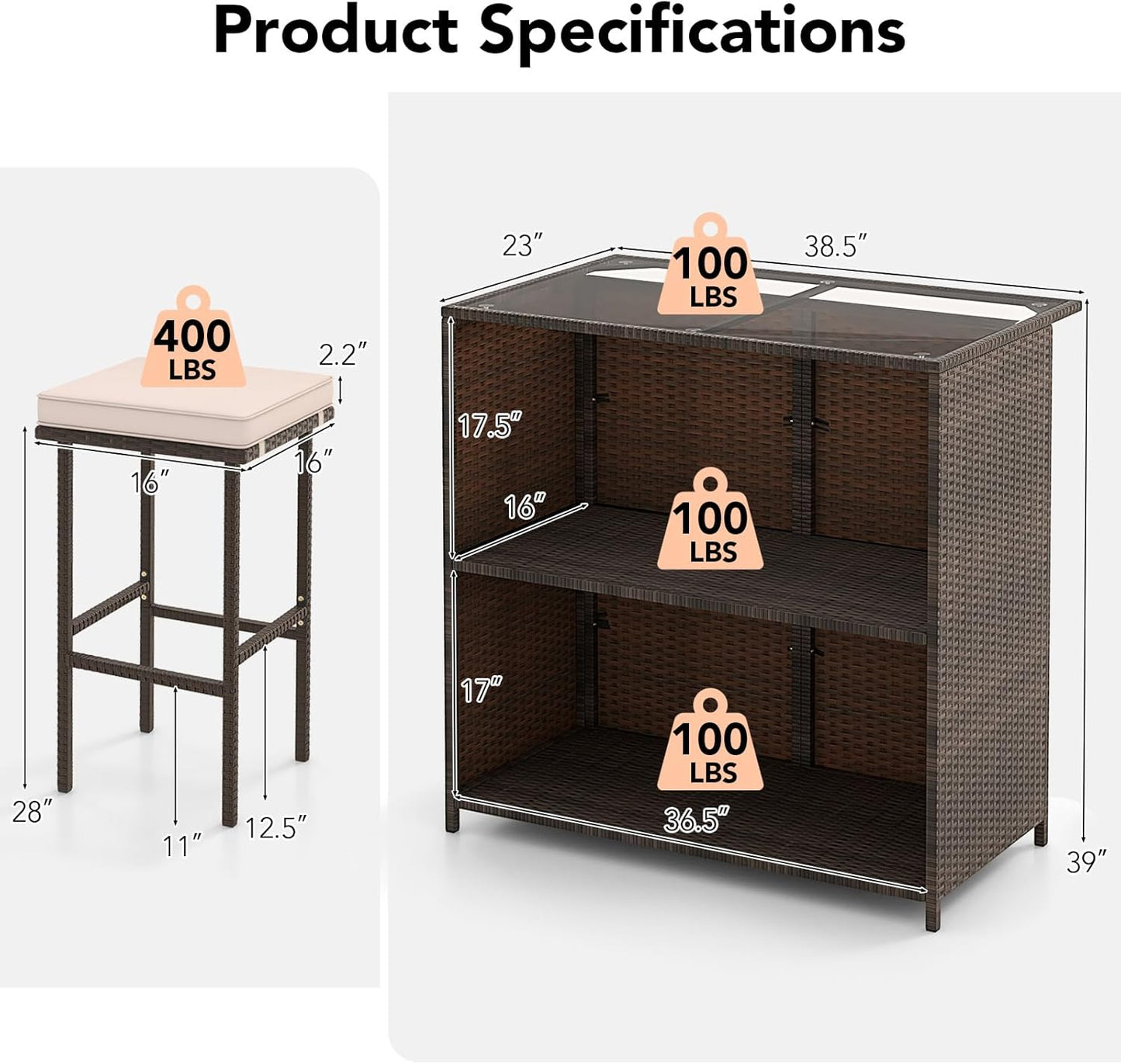 3 Piece Patio Bar Set, Outdoor Rattan Bar Table and 2 Stools with Tempered Glass Tabletop, 2-Tier Storage, Removable Cushions, outside Wicker Conversation Set