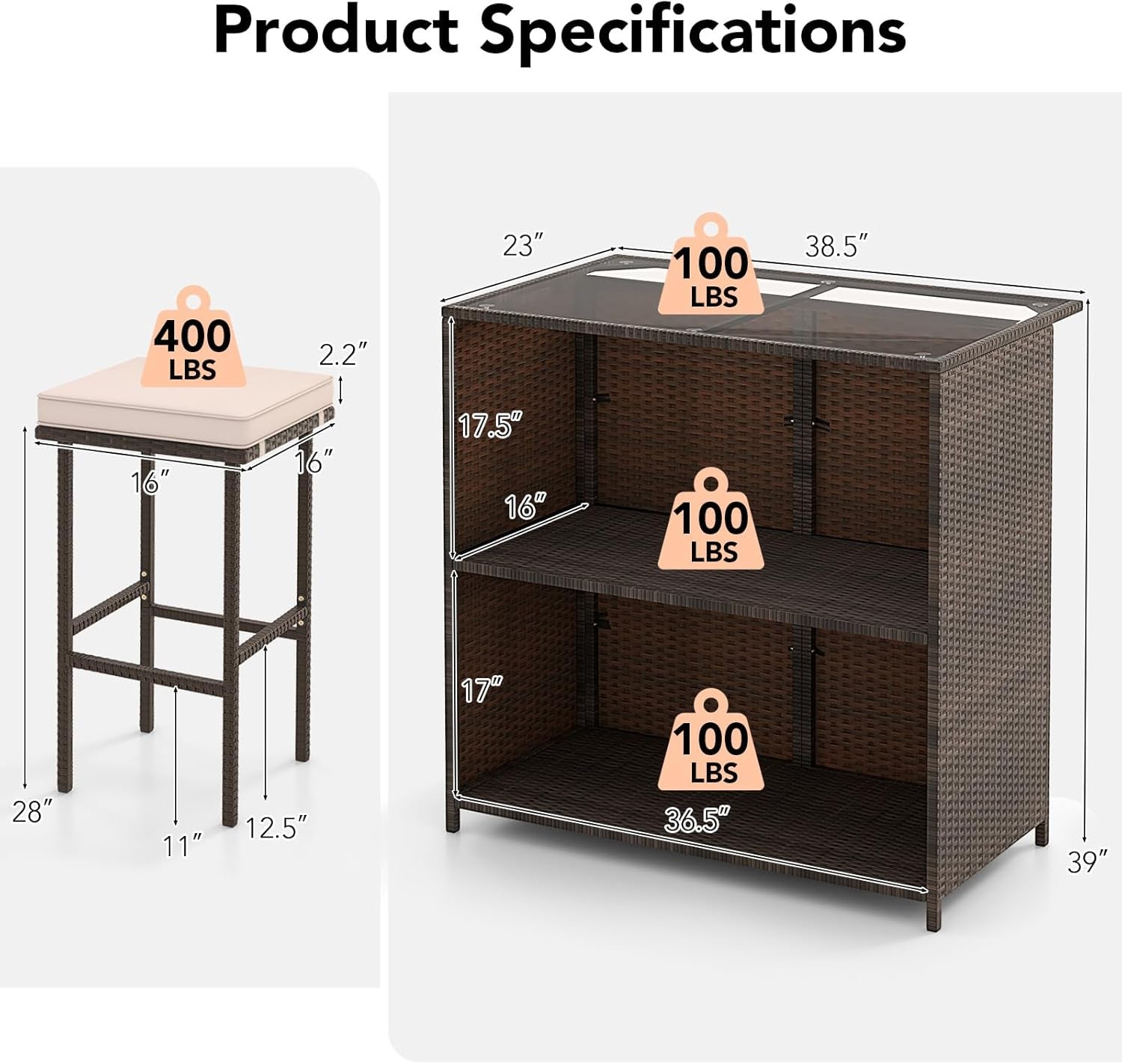 3 Piece Patio Bar Set, Outdoor Rattan Bar Table and 2 Stools with Tempered Glass Tabletop, 2-Tier Storage, Removable Cushions, outside Wicker Conversation Set