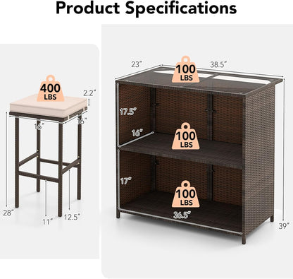 3 Piece Patio Bar Set, Outdoor Rattan Bar Table and 2 Stools with Tempered Glass Tabletop, 2-Tier Storage, Removable Cushions, outside Wicker Conversation Set