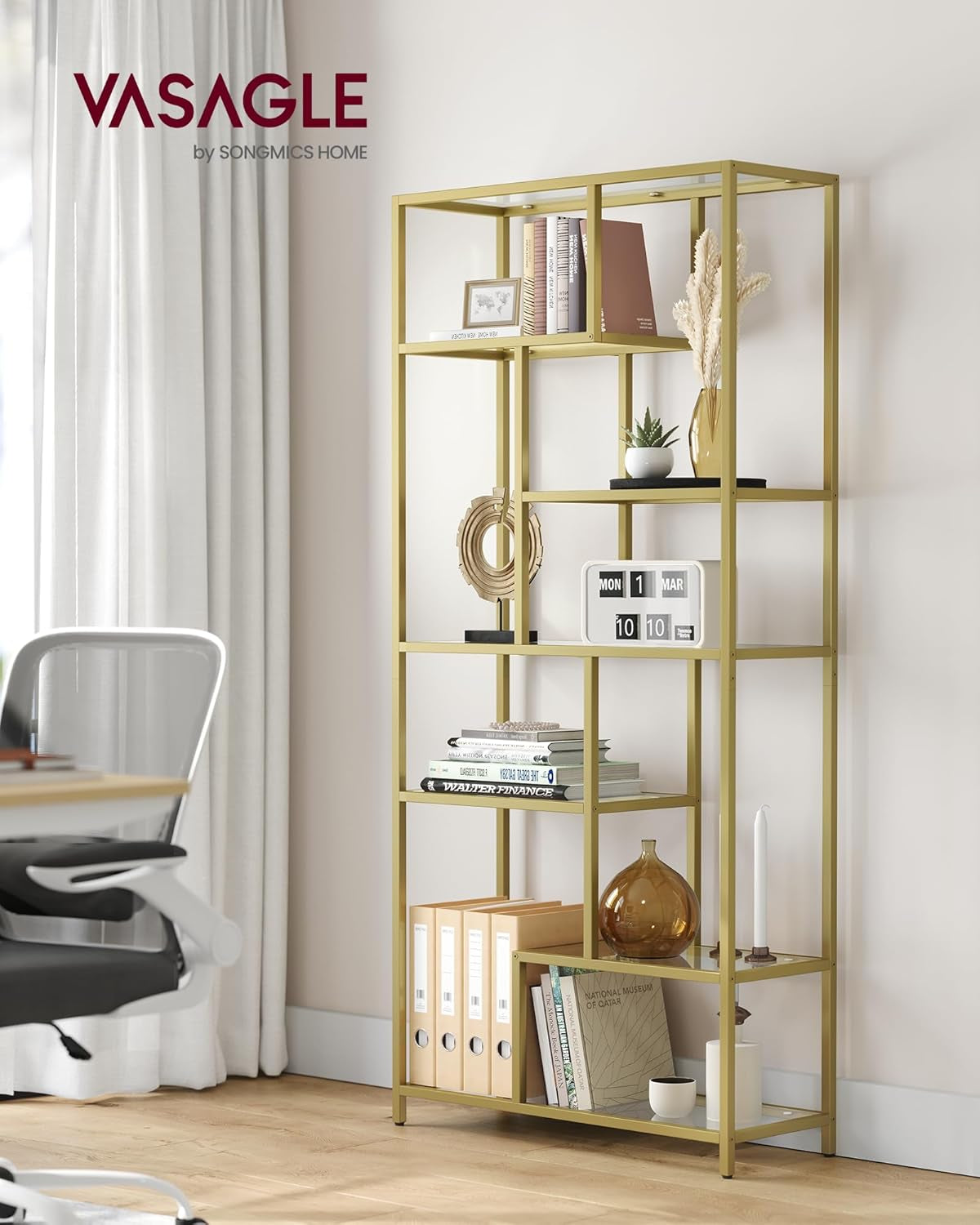 Bookcase, 4-Tier Bookshelf, Freestanding Shelf, 11.8 X 39.4 X 40.6 Inches, Storage Shelf, for Living Room, Office, Bedroom, Kitchen, Transparent and Pale Gold ULGT509A01