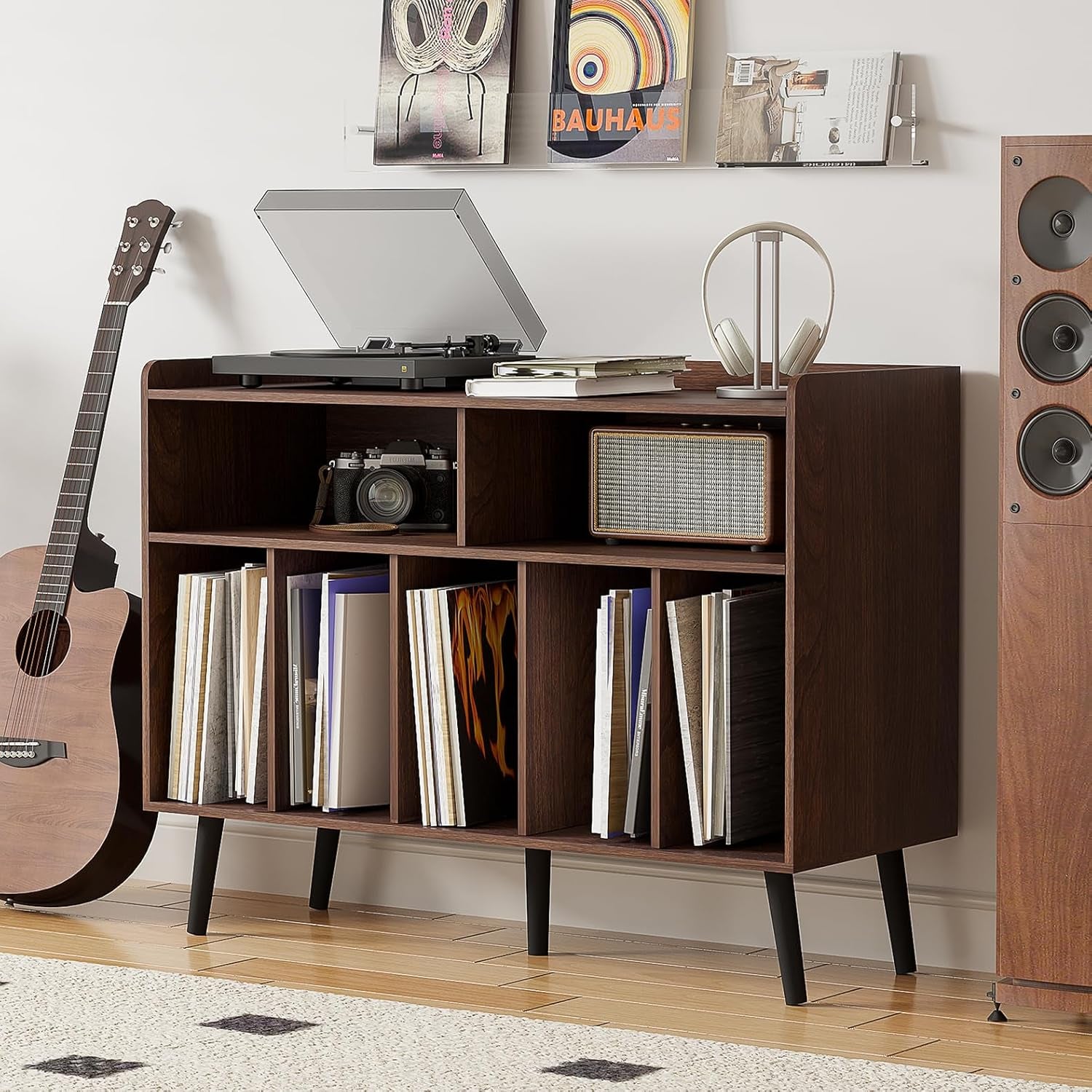 Record Player Stand, Turntable Stand with Vinyl Storage, Record Player Cabinet up to 350 Albums, Cube Storage Organizer for Living Room, Walnut