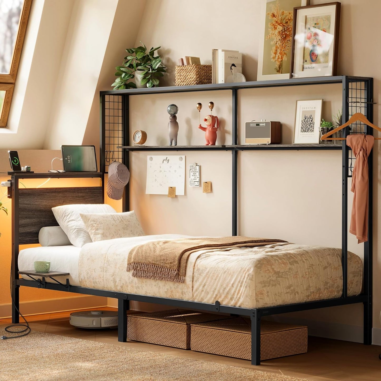 Twin Size Metal Bed Frame with Headboard, Multifunctional Storage, Built-In LED Lights, Charging Station, Bookshelf, Bedside Shelf, Space-Saving, No Box Spring Needed, Ash Brown URMB963K01
