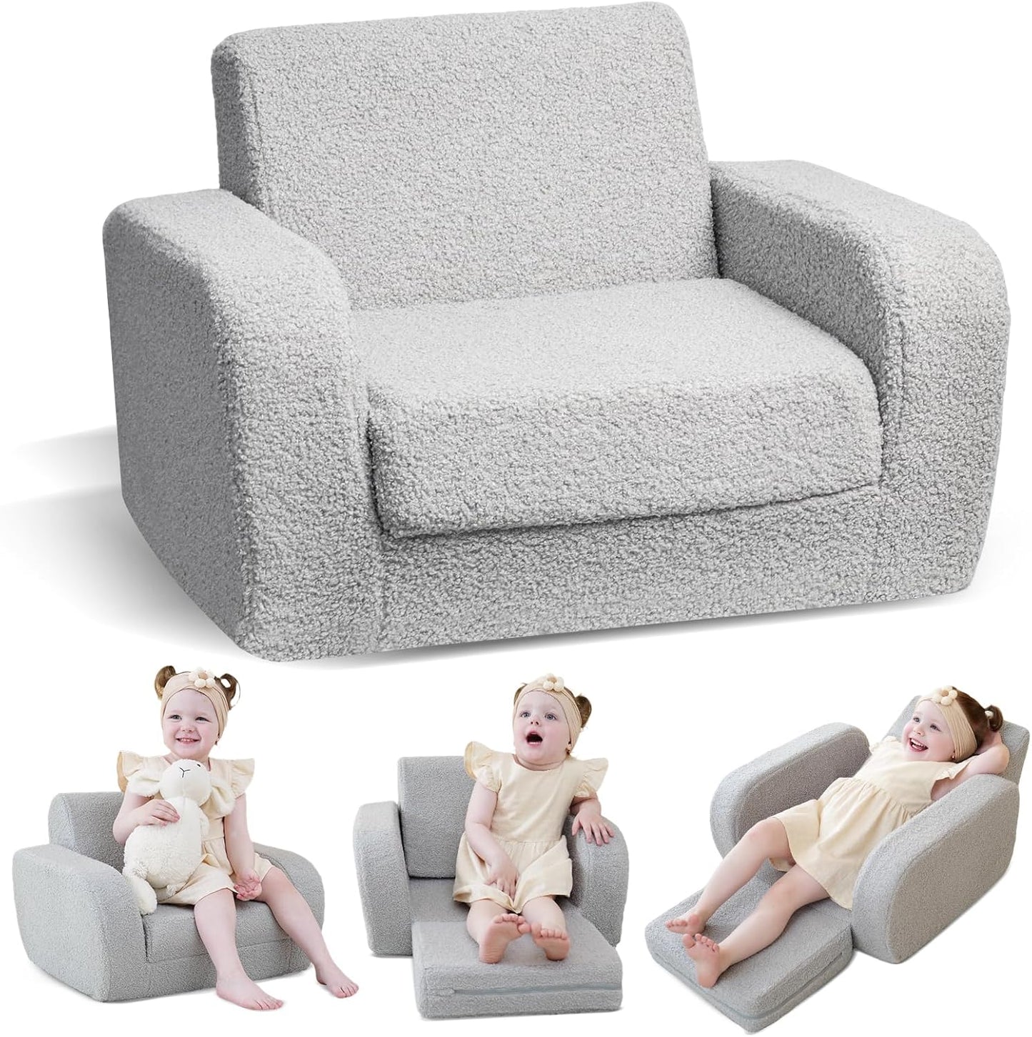 3-In-1 Toddler Couch, Toddler Chairs Comfy 1-3 Years Old, Kids Couch Bed Fold Out, Gifts for 1 2 Year Old Girls Boys