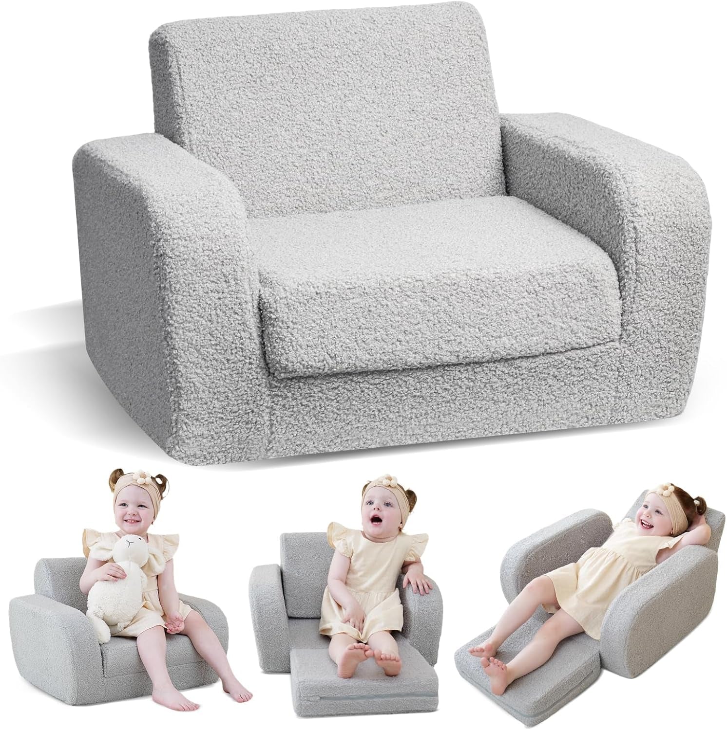3-In-1 Toddler Couch, Toddler Chairs Comfy 1-3 Years Old, Kids Couch Bed Fold Out, Gifts for 1 2 Year Old Girls Boys