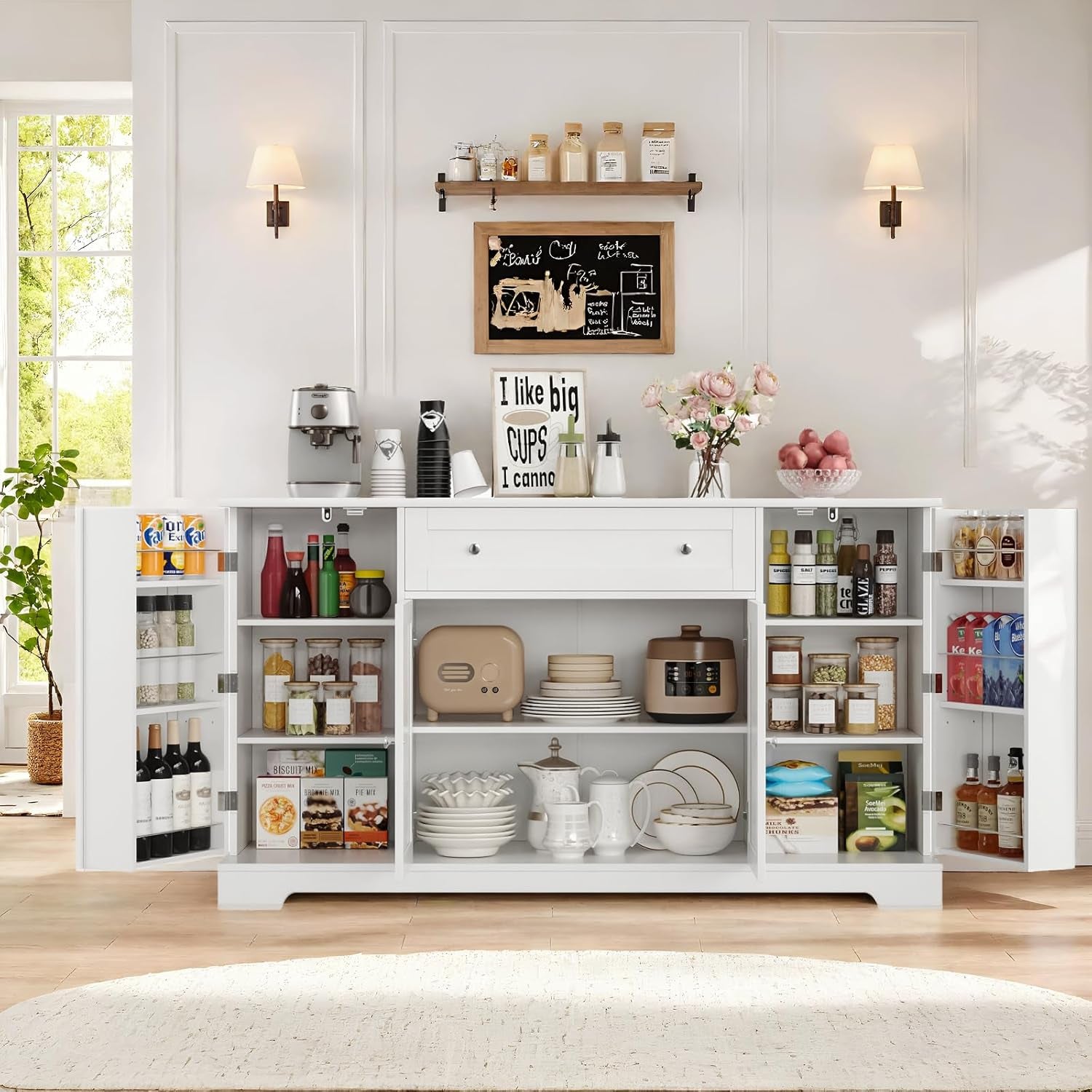 54" Buffet Cabinet with Storage, Modern Kitchen Buffet Sideboard with Drawer, Wood Coffee Bar Station with Adjustable Shelves, Kitchen Storage Cabinet for Living Room, White