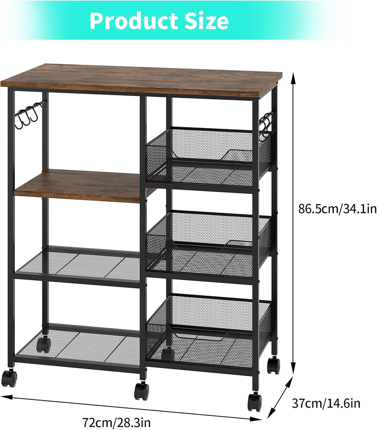 Rolling Kitchen Carts with Storage - Microwave Table Stand with 6 Hooks & 3 Baskets, Kitchen Island Cart on Lockable Wheels, 28.3" L × 14.6" W Bakers Rack Cart for Dining Room Coffee Bar Office