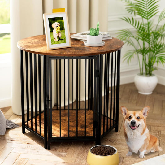 Dog Crate Furniture, Hexagonal Wooden Pet House Dog Crate End Table, Indoor Decorative Dog Kennel Furniture, for Small and Medium Dogs, Cute Dog Cage Furniture, Rustic Brown
