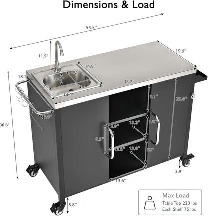 55.5" Outdoor Kitchen Island with Stainless Steel Sink, Outdoor Bar Cart Sink Station with 4 Lockable Wheel for Pizza Prep & BBQ Black