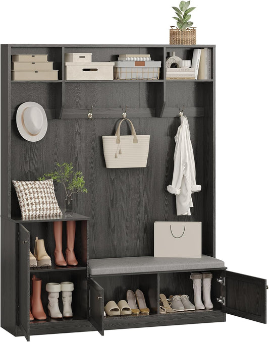 78.8" Hall Tree with Shoe Storage and Coat Rack, Farmhouse Entryway Bench, 4 Shoe Cubbies, 4 Coat Hooks, 3 Top Open Shelves, Freestanding Entrance Storage Cabinet for Hallway, Bedroom,Black