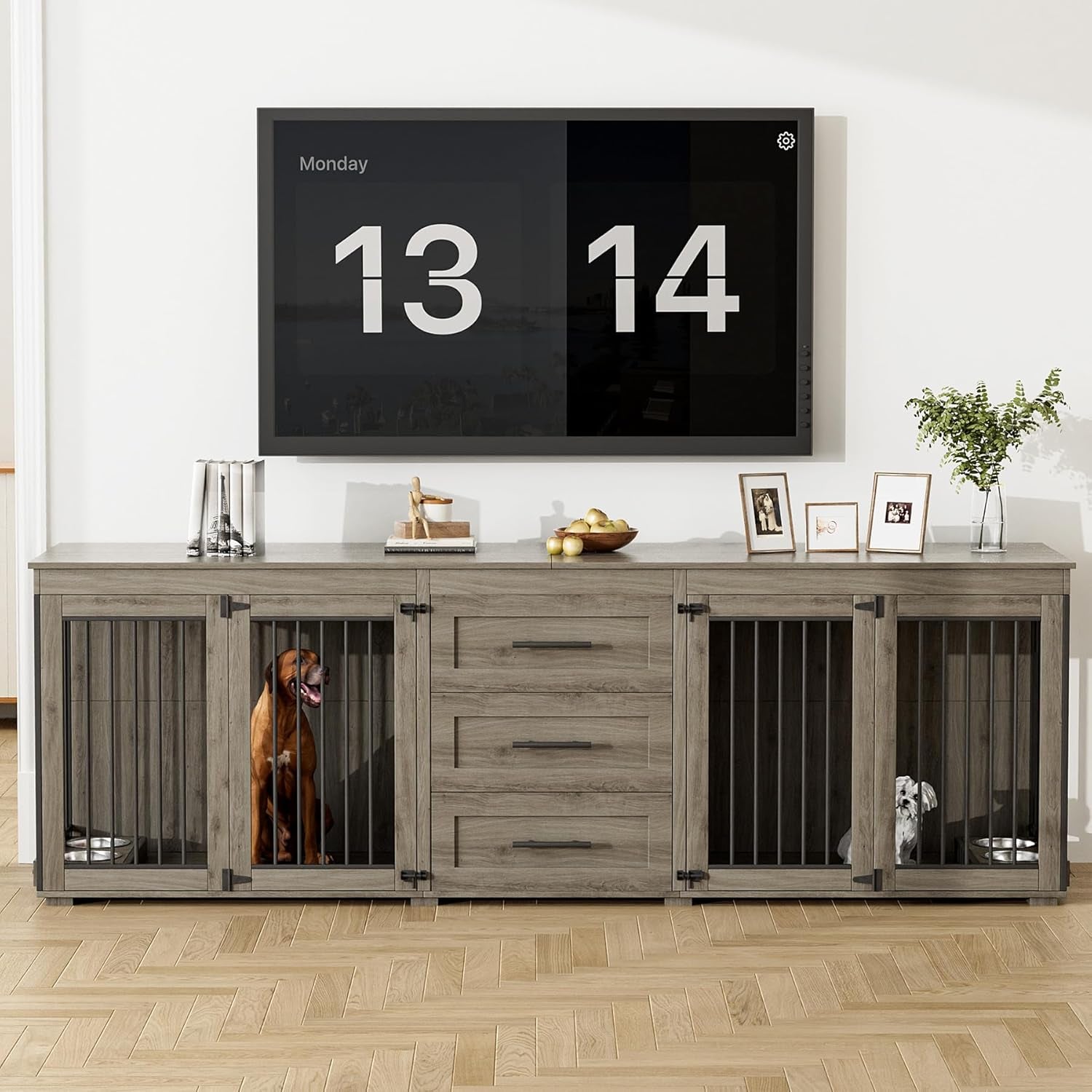94.5" Large Dog Crate Furniture for 2 Dogs, Double Wooden Dog Kennel Furniture with 4 Dog Bowls & 3 Drawers, Heavy Duty Indoor Furniture Style Dog Cage TV Stand/Table/House, Grey
