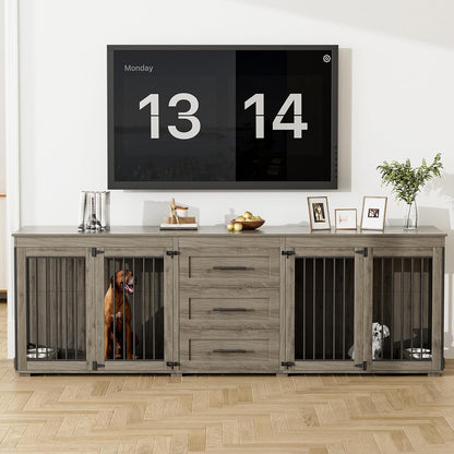 94.5" Large Dog Crate Furniture for 2 Dogs, Double Indoor Dog Kennel Furniture with 3 Drawers & 4 Dog Bowls, Wooden Heavy Duty Dog Cage Furniture Style TV Stand/Table/House, Brown