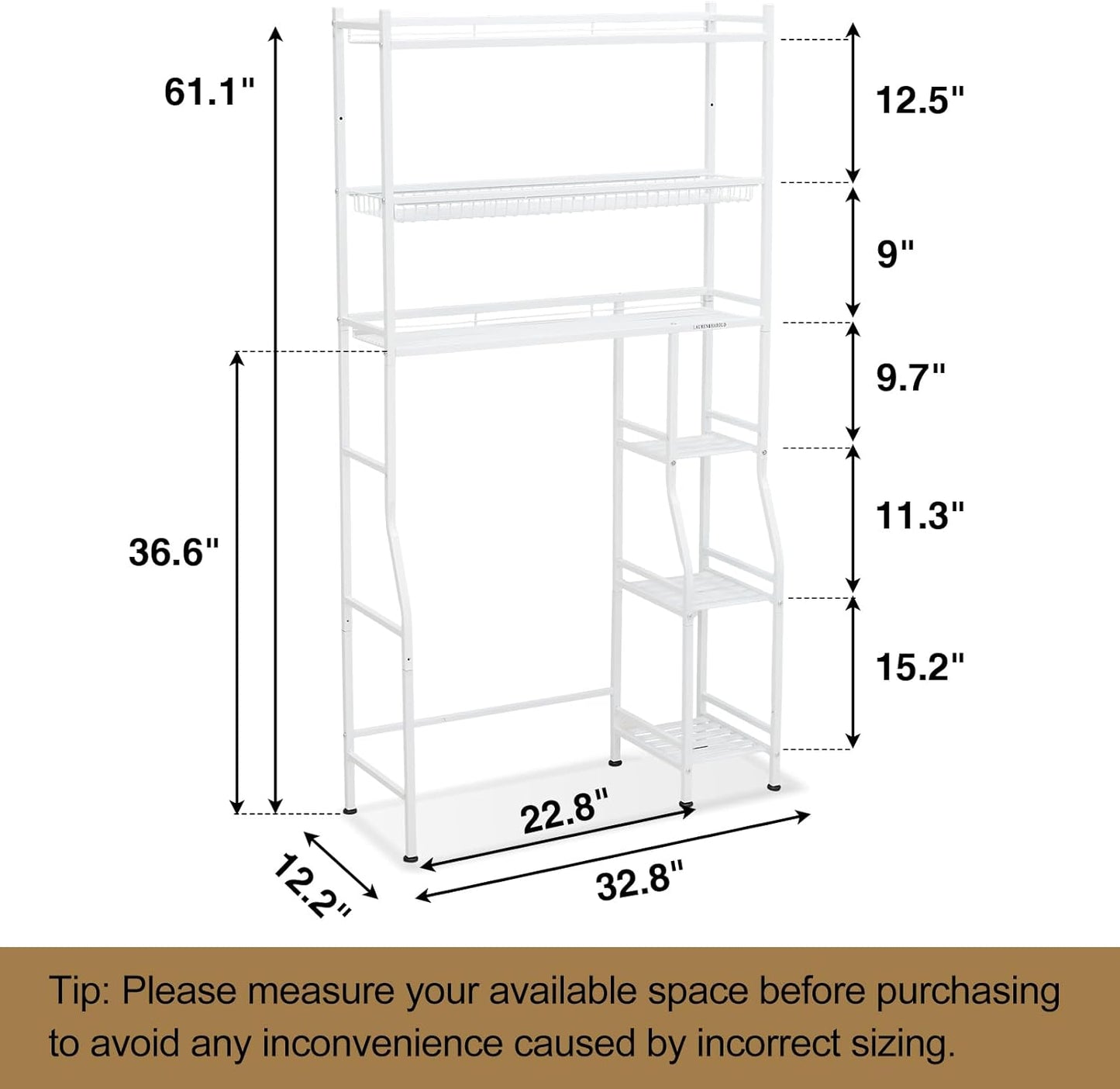 6-Tier over the Toilet Storage with Side Rack, 32.8" W X 12.2" D X 61" H over Toilet Bathroom Organizer, Freestanding above over Toilet Storage Shelf for Restroom, Laundry, White