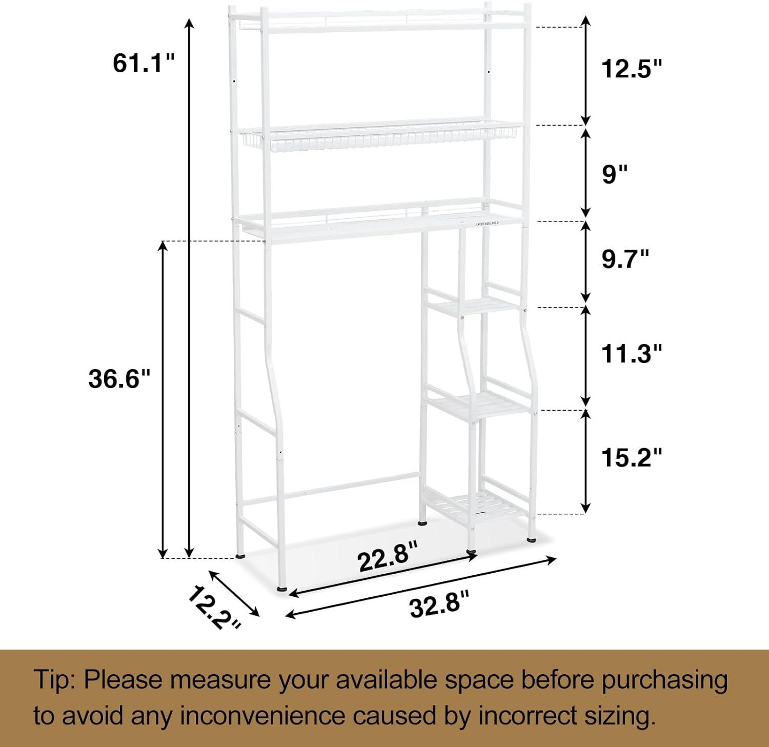 6-Tier over the Toilet Storage with Side Rack, 32.8" W X 12.2" D X 61" H over Toilet Bathroom Organizer, Freestanding above over Toilet Storage Shelf for Restroom, Laundry, White