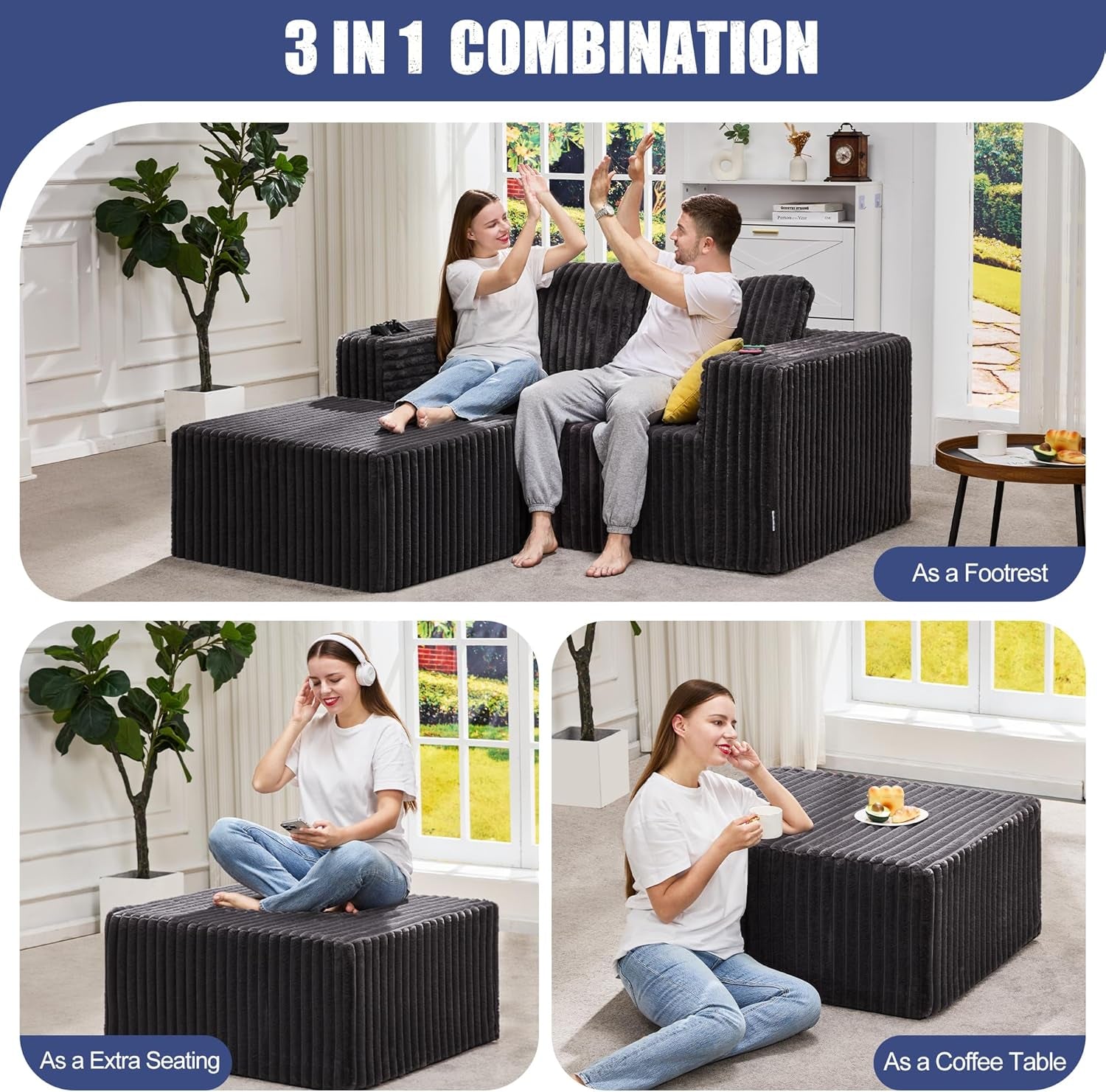 Rectangle Ottoman Memory Foam Footrest for Couch with Removable Cover Large Floor Seating for Adults Ottoman Coffee Table for Living Room, Bedroom or Office (Strip Grey, Footrest)