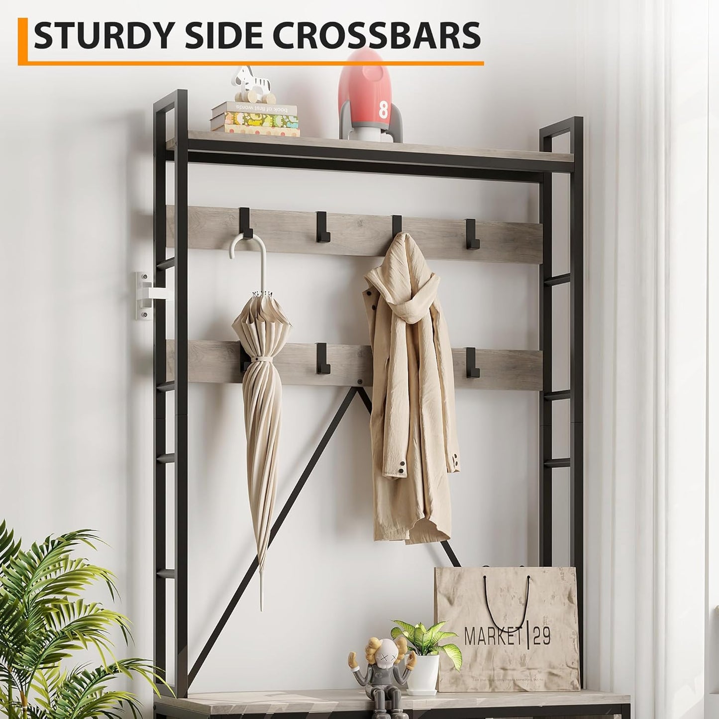Hall Tree with Bench and Shoe Storage and Coat Rack, Industrial Entryway Bench with Storage Cubbies, Entryway Coat Rack for Hallway, Corner Places, Bedroom