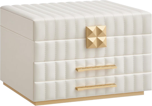 HOME 3-Tier Jewelry Box with Mirror, Jewelry Organizer with 2 Drawers, PU Surface with Stitching, Floating Effect, 8.5 X 9.4 X 6.2 Inches, Cloud White, ANAH Collection UJBC183W01
