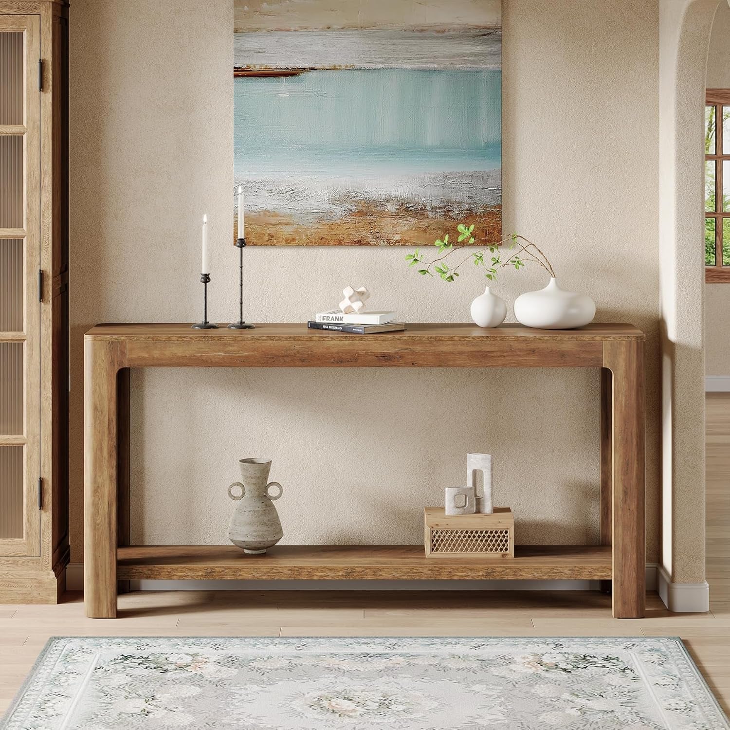 63 Inch Entryway Console Table, 2-Tier Farmhouse Narrow Sofa Table behind Couch, Accent Entrance Console Furniture for Entryway, Foyer, Hallway, Rustic Brown