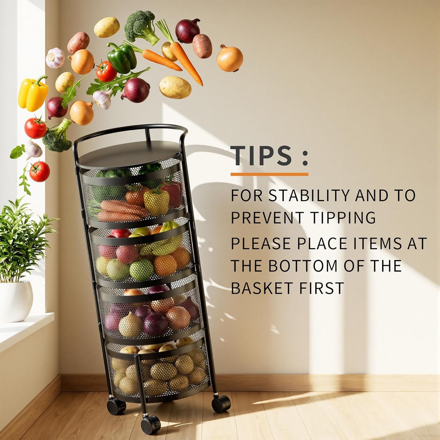 No Assembly Integrated Vegetable Storage Rack, 4-Tier Rotating Fruit Basket with Wheels, Solid Carbon Steel Kitchen Storage Cart for Potato Onion Produce, Fruteros Para Cocina, Black