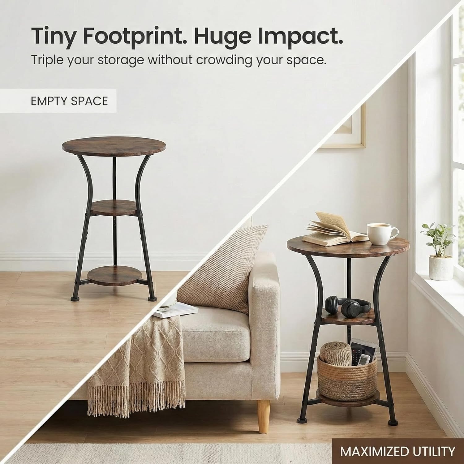 Small round End Table for Narrow and Small Space, 3-Tier round Accent Couch beside Table, Modern Side Table Corner Sofa Table Nightstand for Living Room Bedroom