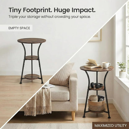 Small round End Table for Narrow and Small Space, 3-Tier round Accent Couch beside Table, Modern Side Table Corner Sofa Table Nightstand for Living Room Bedroom