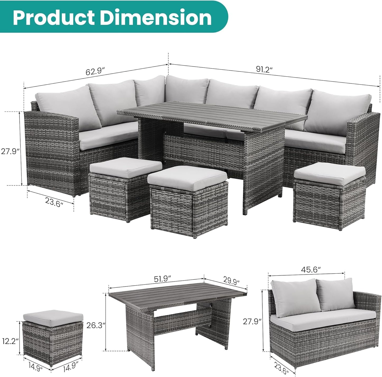 Patio Furniture Set, 7 Pieces Outdoor Patio Furniture with Dining Table&Chair, All Weather Wicker Conversation Set with Ottoman,Grey (Include Sofa Dust Cover)