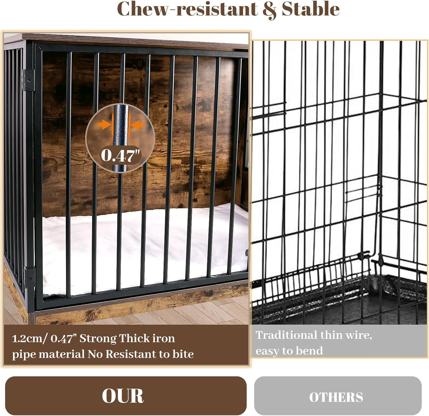 Dog Crate Furniture with Cushion for Large Dogs, 36" Indoor Wooden Dog Kennel with 270° Swivel Door, 360° Rotating Feeder, Decorative Heavy Duty Dog House with Double Locks & Bowls, Rustic Brown