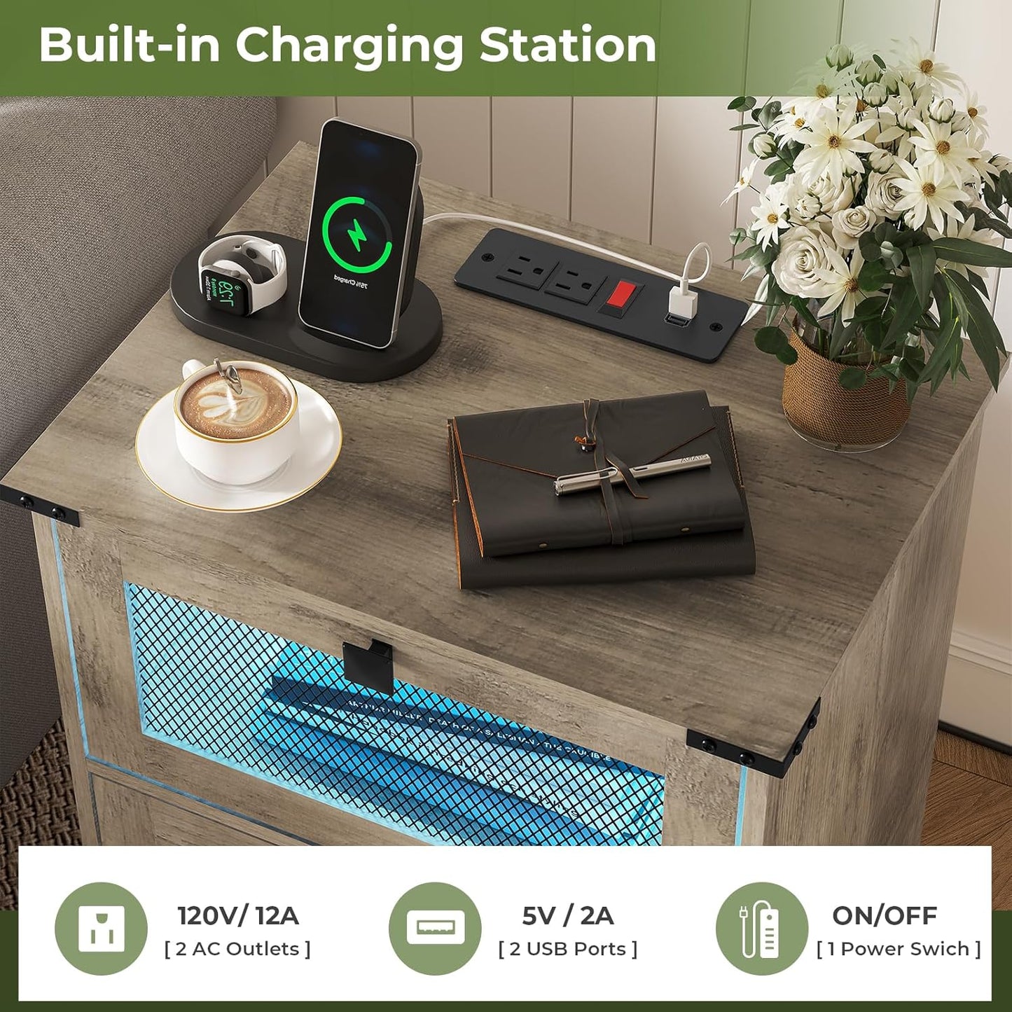 Farmhouse Night Stand with LED Lights and Charging Station, Rustic Oak Nightstand with 2 Drawers, and Cubby with Wire Mesh Door, Bedside End Table for Bedroom