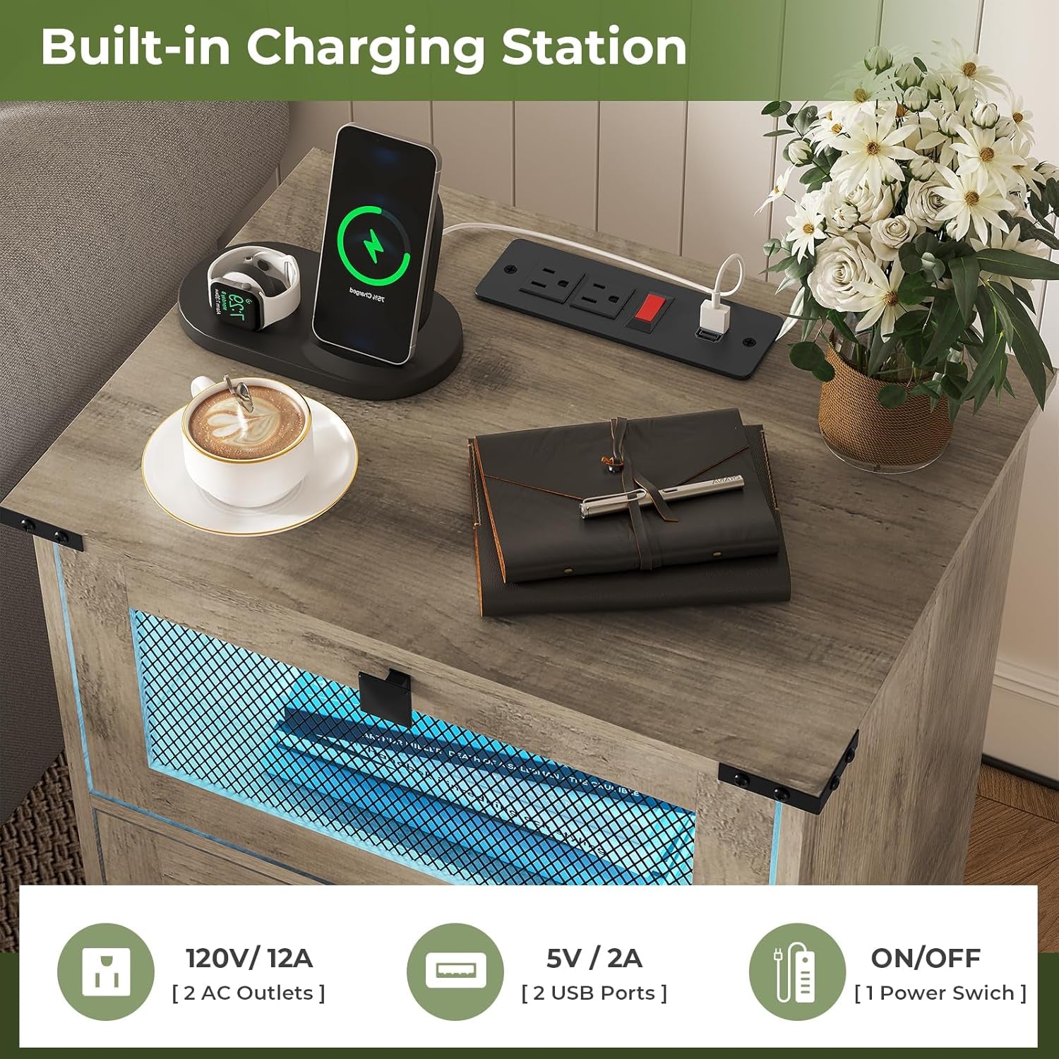 Farmhouse Night Stand with LED Lights and Charging Station, Rustic Oak Nightstand with 2 Drawers, and Cubby with Wire Mesh Door, Bedside End Table for Bedroom