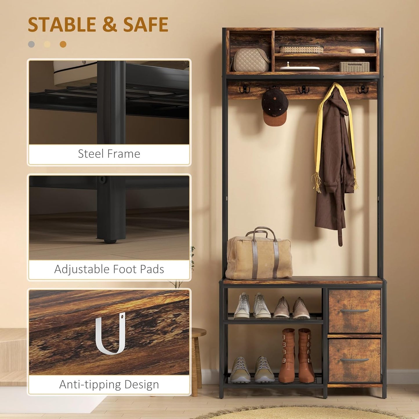 Hall Tree with Bench and Shoe Storage, 5-In-1 Entryway Bench with Coat Rack, 3 Storage Compartments, 5 Coat Hooks, 2 Fabric Drawers, Distressed Dark Brown