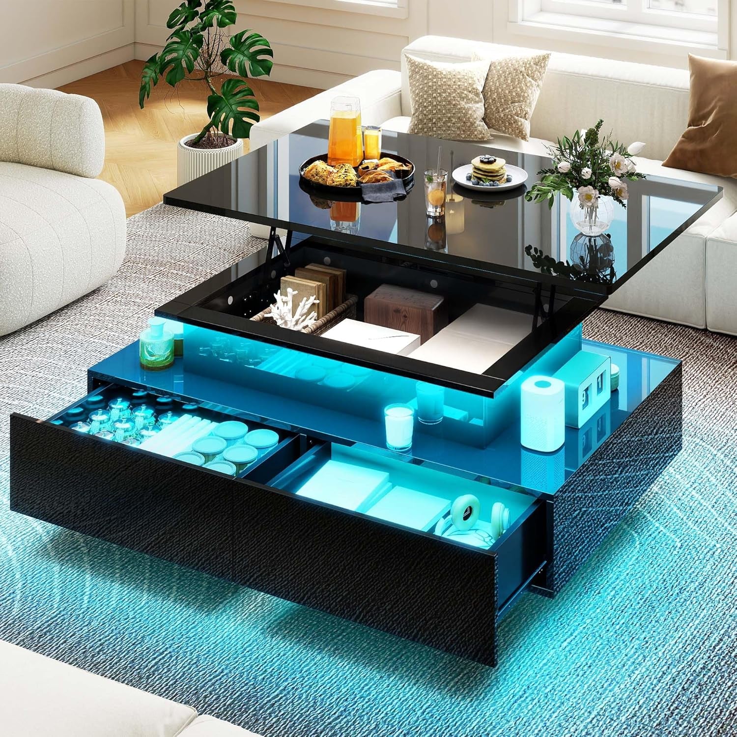 LED Lift Top Coffee Tables for Living Room, Rectangular Coffee Table with 4 Spacious Drawers, Modern Center Table with Lifting Top for Home Decor, Black